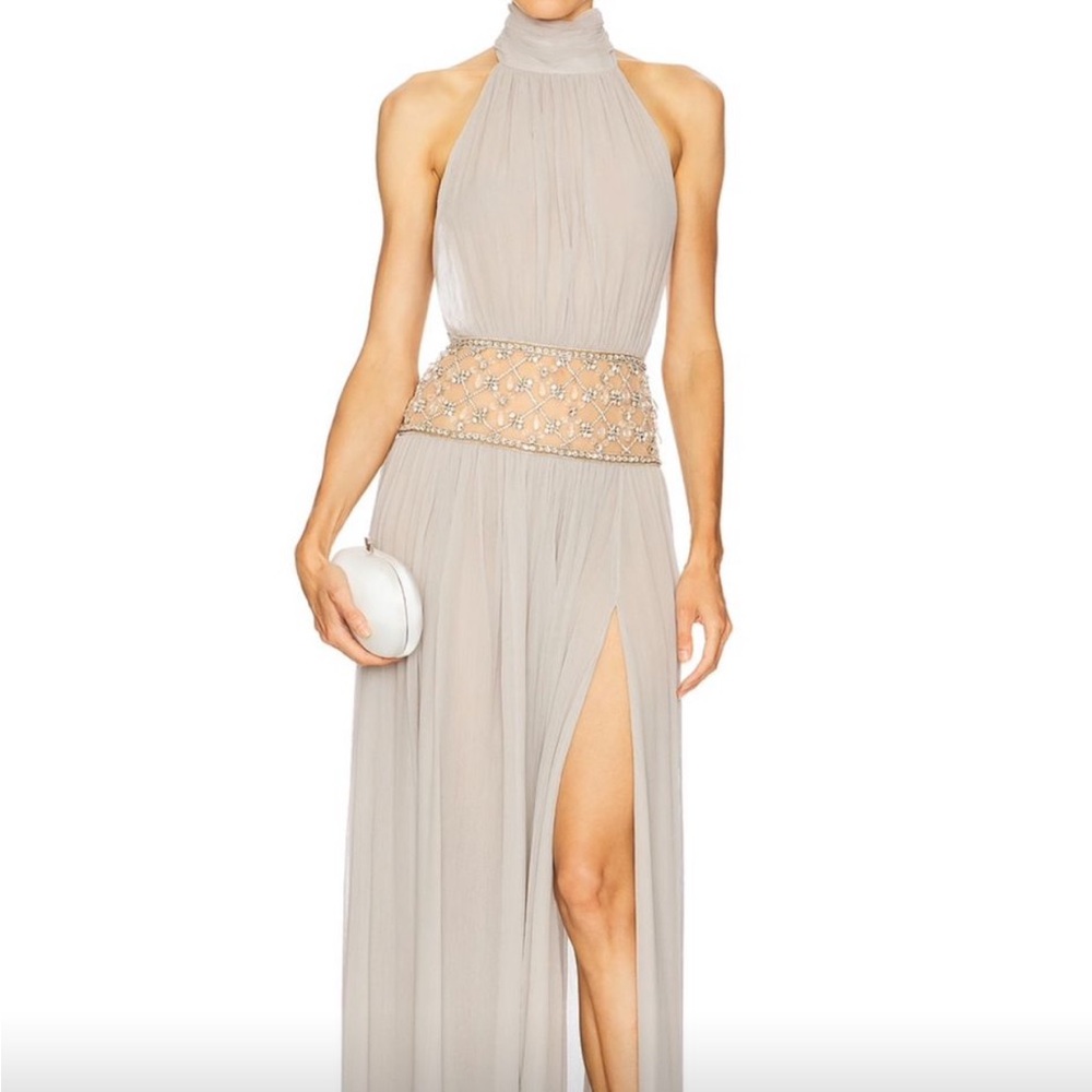 Retrofete Taupe High-Neck Embellished-Waist Maxi Dress Size XS